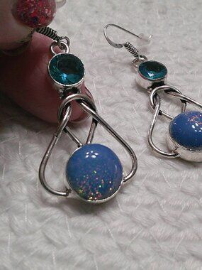 Beautiful FIRE OPAL & BLUE TOPAZ Handmade Sterling 925 Dangle Earrings #499E